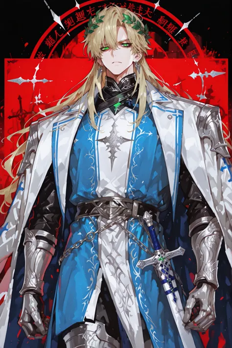 (male fantasy clothes, fantasy fashion, intricate fashion, cool, stylish, fantasy style man, cool fantasy style man, stylish man, handsome man,) Crusader knight,middle-edged man (male character). He has tall mighty broad-shouldered body shape with masculin...