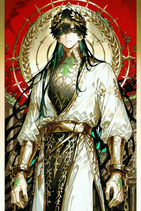 (male fantasy clothes, fantasy fashion, intricate fashion, cool, stylish, fantasy style man, cool fantasy style man, stylish man, handsome man,)  Ancient greek God, middle-edged man (male character). He has tall mighty broad-shouldered body shape with masc...