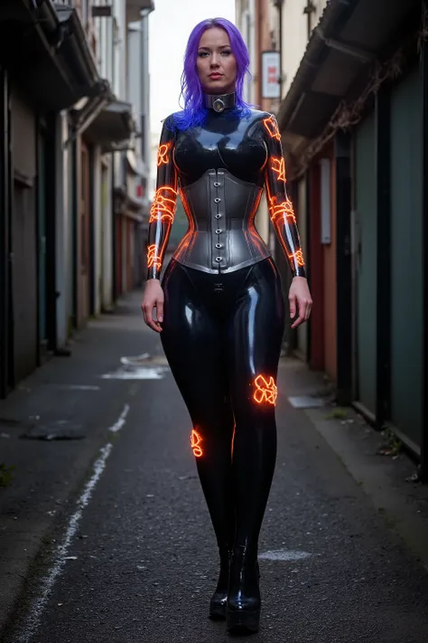 A muscular middle aged asian woman with chrome-plated limbs and glowing blue circuitry patterns on her body in a latex uit stands in a mud-drenched cyberpunk alley, wearing tight black latex leggings with hexagonal orange padding and a reflective silver co...