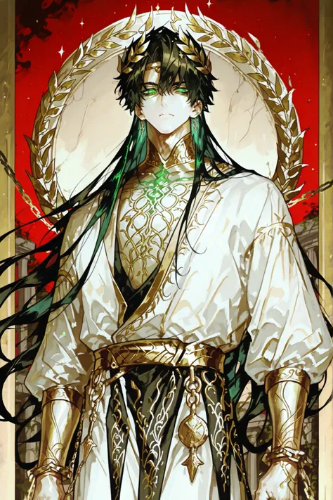 (male fantasy clothes, fantasy fashion, intricate fashion, cool, stylish, fantasy style man, cool fantasy style man, stylish man, handsome man,)  Ancient greek God, middle-edged man (male character). He has tall mighty broad-shouldered body shape with masc...