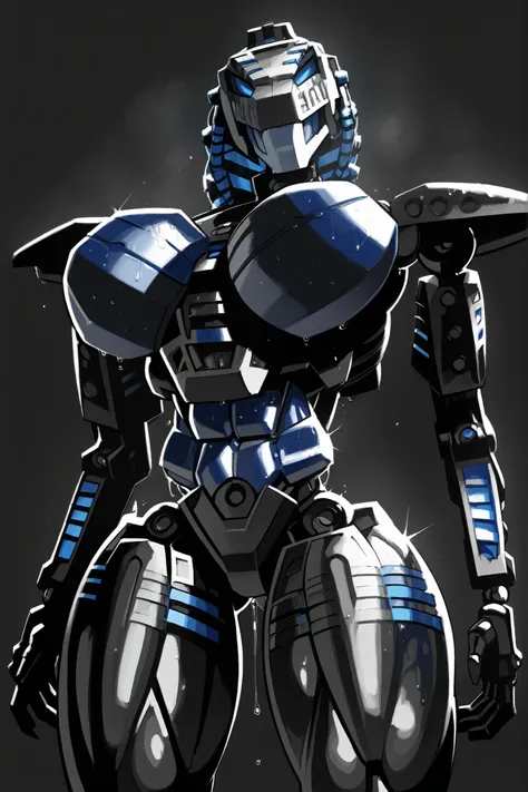 krekkov style, score_9, score_8_up, score_7_up , muscular, roodaka, bionicle, seductive pose, abs , breasts exposure, narrow waist, shiny body, metallic body, oiled body, jewelry, clothed, standing, massive breasts, massive thighs, sweaty, dripping