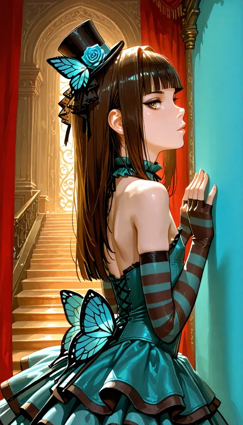 Anime-style, ((girl presses up against an invisible wall)), profile view, looking at viewer, young model, 1girl, Western features, white girl, ((youth, slender body, young model, petite, slender frame, narrow shoulders)), (short girl), brown hair, long hai...