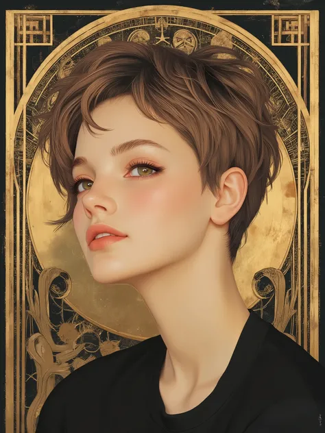 FictionalPeach, stm211, illustration, flat art, very aesthetic, 
BREAK 
pixie cut, messy, short light-brown hair. A sophisticated minimalist girl. Simple but elegant outfit. portrait, from side. She is smiling gently. 
BREAK 
The character's touch is depic...