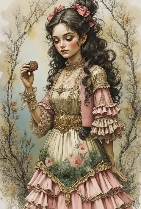 A cutie hacker, who looks like a doll wears a vintage outfit, belt that embodies elegance and charm. Her outfit includes an intricate layered dress in pale pink and green tones with delicate lace trim, scene radiating the classic, Victorian aesthetics. The...