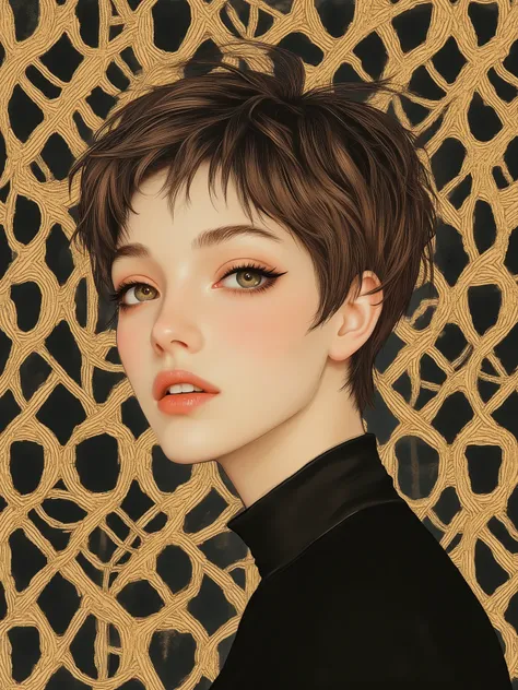 FictionalPeach, stm211, illustration, flat art, very aesthetic, 
BREAK 
pixie cut, messy, short light-brown hair. A sophisticated minimalist girl. Simple but elegant outfit. portrait, from side. She is smiling gently. 
BREAK 
The character's touch is depic...