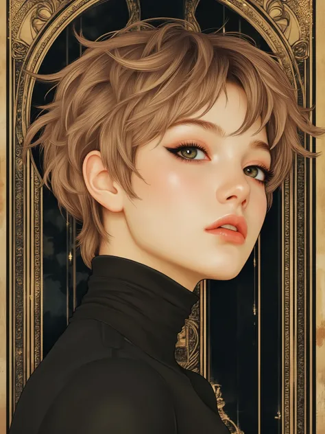 FictionalPeach, stm211, illustration, flat art, very aesthetic, 
BREAK 
pixie cut, messy, short light-brown hair. A sophisticated minimalist girl. Simple but elegant outfit. portrait, from side. She is smiling gently. 
BREAK 
The character's touch is depic...