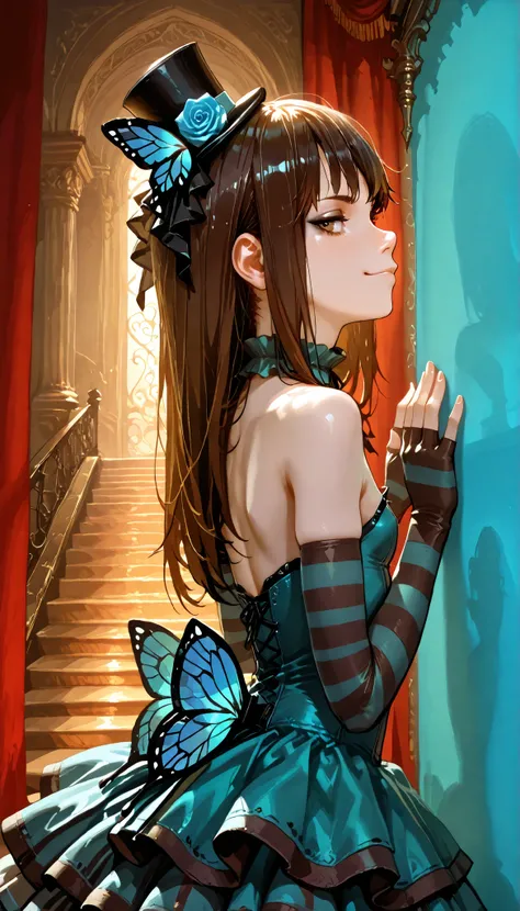 Anime-style, ((girl presses up against an invisible wall)), profile view, looking at viewer, young model, 1girl, Western features, white girl, ((youth, slender body, young model, petite, slender frame, narrow shoulders)), (short girl), medium breasts, brow...