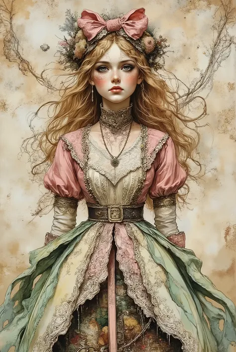 A cutie hacker, who looks like a doll wears a vintage outfit, belt that embodies elegance and charm. Her outfit includes an intricate layered dress in pale pink and green tones with delicate lace trim, scene radiating the classic, Victorian aesthetics. The...