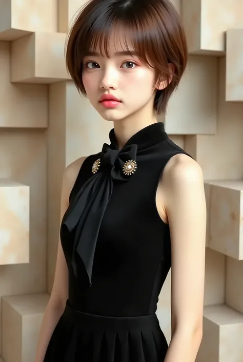 An imaginary peach , stylized artistic illustration , flat art , very aesthetic , anatomically accurate , shortcut pixie cut , Messy , short light brown hair . sophisticated minimalist girl . She's wearing a thin black dress , inspired by men's tailcoats ,...