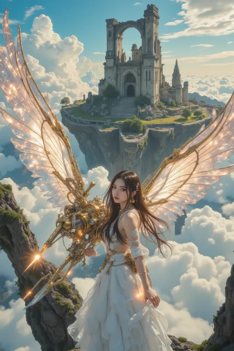 Ultra-realistic yet dreamlike cinematic painting style, inspired by the fantastical world of Inoue Naohisa’s Iblard. In the foreground: a steampunk-inspired futuristic flying machine with translucent mechanical wings, shimmering like stained glass, flappin...