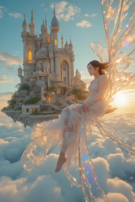 Photorealistic cinematic scene inspired by Naohisa Inoue’s “Iblard” universe: a fantastical floating castle suspended above a boundless sea of clouds, painted-like yet real, filled with dreamlike colors and textures. The castle is covered with layered terr...