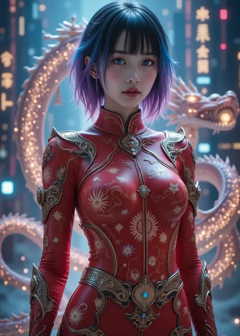 ultra high definition, high resolution, high resolution, 24K Video Quality. woman、beautiful, Aqua Blue Eyes, Full Body Portrait of a Cute 16 Year Old Japanese Girl. She wears a crimson latex suit that sticks to her body,  The latex suit is adorned with vib...