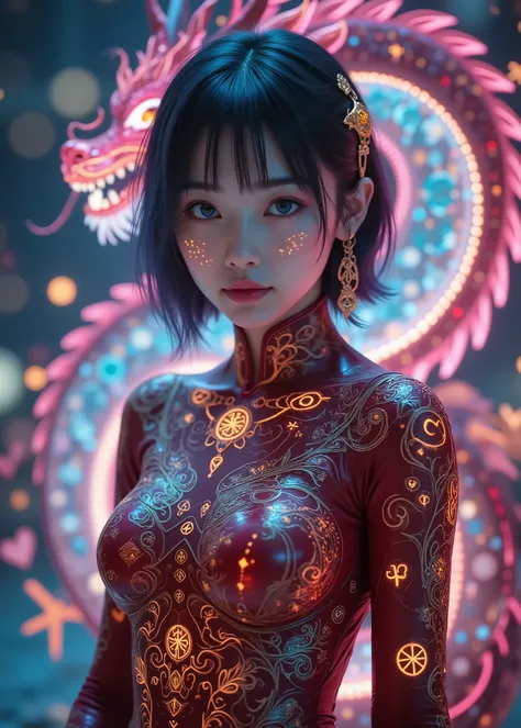 ultra high definition, high resolution, high resolution, 24K Video Quality. woman、beautiful, Aqua Blue Eyes, Full Body Portrait of a Cute 16 Year Old Japanese Girl. She wears a crimson latex suit that sticks to her body,  The latex suit is adorned with vib...