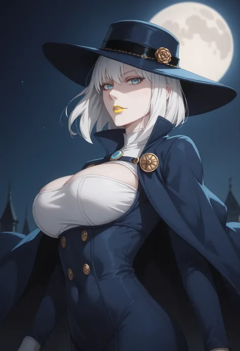 woman, large breasts, anime style, yellow lipstick, bright blue eyes, white hair, white skin, blue hat, white blouse, open blue suit, night, dark environment, looking at viewer, focus on character, moon in chiaroscuro, side view, open arms, blank stare, Fi...
