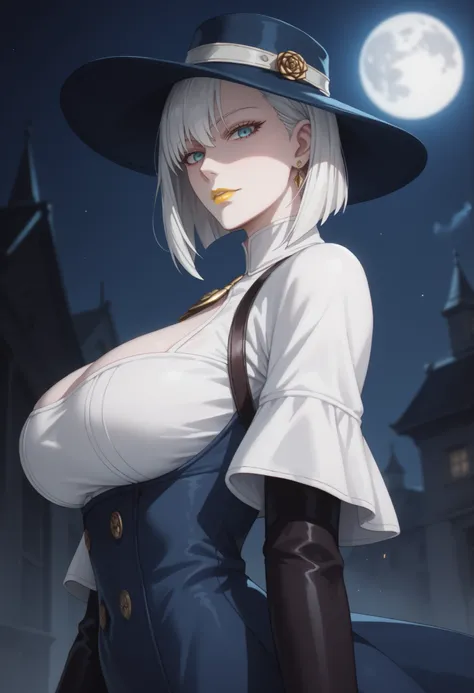 woman, large breasts, anime style, yellow lipstick, bright blue eyes, white hair, white skin, blue hat, white blouse, open blue suit, night, dark environment, looking at viewer, focus on character, moon in chiaroscuro, side view, open arms, blank stare, Fi...