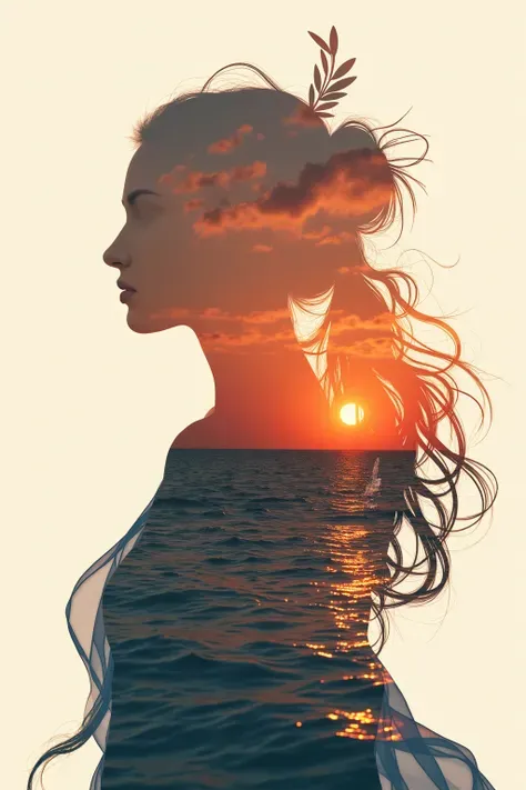 High quality,8K Ultra HD,Beautiful double exposure effects,combined with a goddess silhouette and a sunset coast,sunset coast as bottom background,details incorporated into a goddess silhouette,Clear and smooth lines,one color background,Focus sharp,by Yuk...