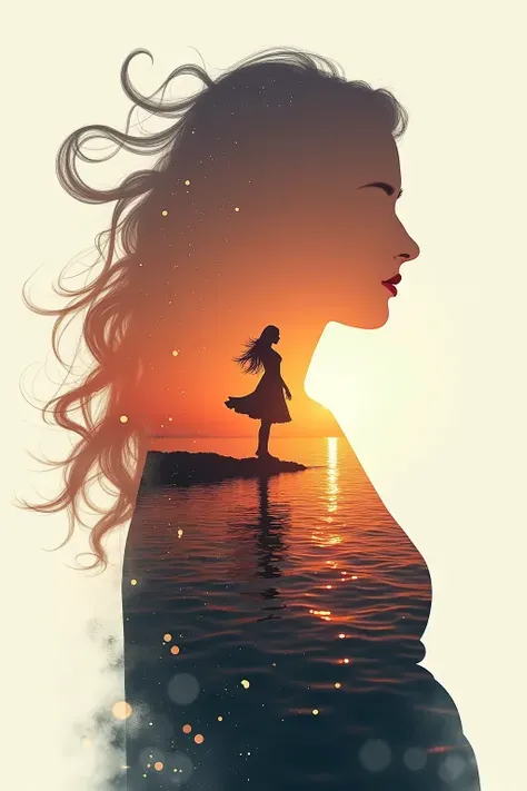 High quality,8K Ultra HD,Beautiful double exposure effects,combined with a goddess silhouette and a sunset coast,sunset coast as bottom background,details incorporated into a goddess silhouette,Clear and smooth lines,one color background,Focus sharp,by Yuk...