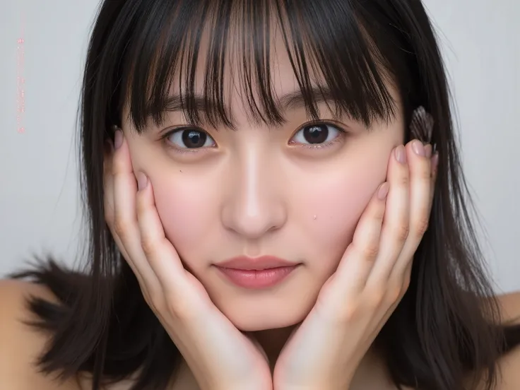 (Refined from an old photo, recreated in a modern, ultra high-quality photorealistic style,
with a trendy Reiwa-era hairstyle: soft semi-long hair with natural waves and airy see-through bangs),
Ultra photorealistic close-up portrait of a beautiful Japan...