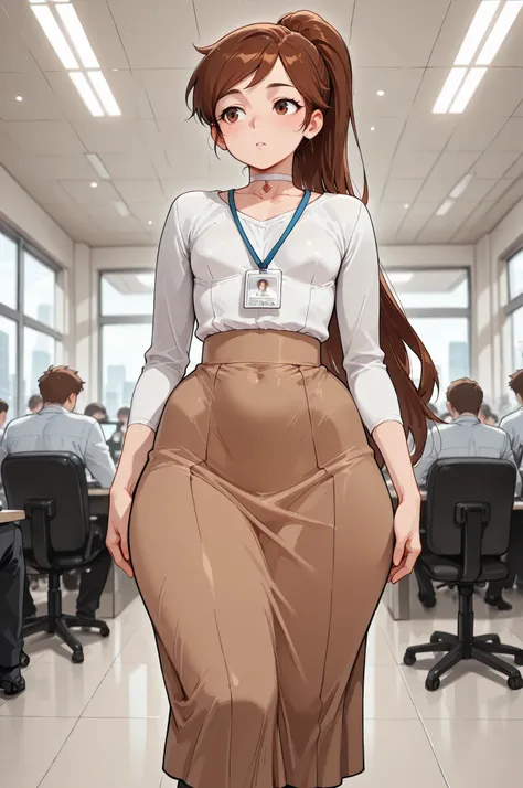 Princess Marco. brown eyes, very long hair, brown hair, ponytail. very small breasts. huge hips. slim body. choker. femboy, crossdressing,| masterpiece, best quality, depth_of_field, wide_shot, 1girl:1.5, solo_focus, in office, indoors, id_card, strap, bus...