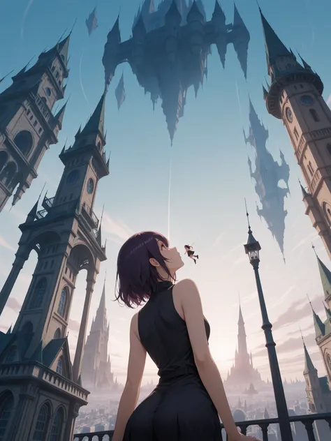 in en very detailed, High Quality, masterpiece, wide field of view, 1girl, sleeveless, inspecting , Back, Up and down the cityscape, (Floating City, gravity-defying architecture),Castle in the Sky,looking up from below,profile,