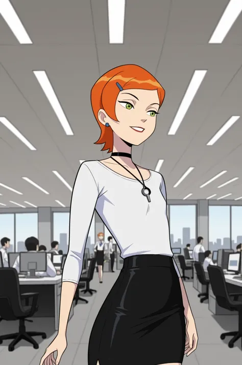Gwen Tennyson . ginger . short hair . green eyes . flat breasts, flat chest, huge hips . slim body . choker . | masterpiece, best quality, depth_of_field, wide_shot, 1girl:1.5, solo_focus, in office, indoors, id_card, strap, business office, white_shirt, p...