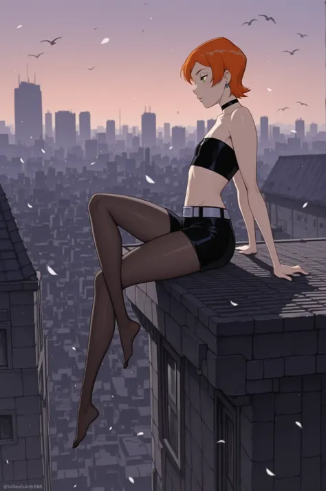 Gwen Tennyson . ginger . short hair . green eyes . flat breasts, flat chest, huge hips . slim body . choker . | score_9,score_8_up,score_7_up,score_6_up,score_5_up, rating_safe, \(ghost in the shell\), (ultra HD quality details) masterpiece, high detail, f...