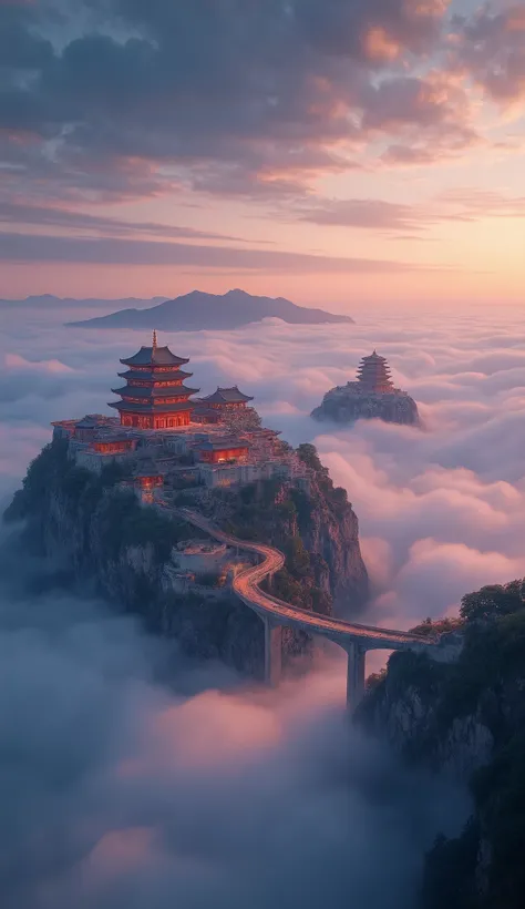 Otherworldly space、Close to space、Asian Cities with Bridges Over Clouds、Lost City Photos、picturesque background、Digital Images of Red Temples、cyberpunk、High Resolution Backgrounds Glowing Ancient Castles、A dreamy city above the clouds、Highly detailed digit...
