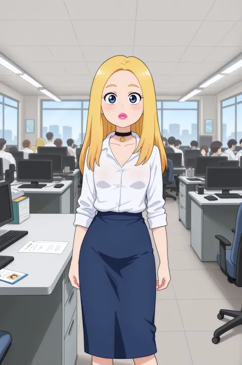 Francine Smith, looking at viewer, pink lipstick, choker, Blonde hair, small saggy breasts. long hair.| masterpiece, best quality, depth_of_field, wide_shot, 1girl:1.5, solo_focus, in office, indoors, id_card, strap, business office, white_shirt, pencil_ ...