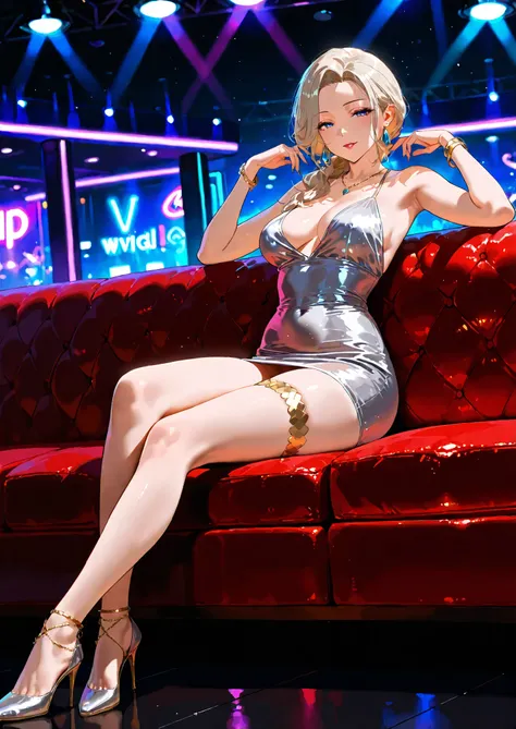 1girl, solo, mature female, milf, short dress, sitting on the couch, platinum blonde hair, nightclub, vip lounge, short dress, bracelets, leg jewelry, high heels, naturally sagging medium breasts, seductive, sexy pose, alluring atmosphere, cinematic lighti...