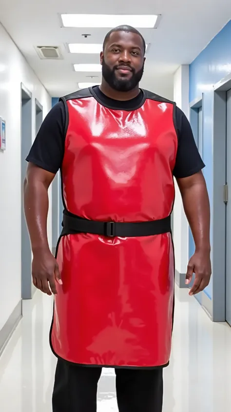 A tall fat 400 pound black man wearing a red and gold lead apron made of shining vinyl that is thick and has black rubber straps, the man wears black latex pants, the man is in a hospital hallway in a futuristic facility made of onyx and quartz