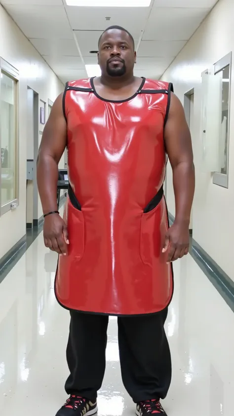 A tall fat 400 pound black man wearing a red and gold lead apron made of shining vinyl that is thick and has black rubber straps, the man wears black latex pants, the man is in a hospital hallway in a futuristic facility made of onyx and quartz