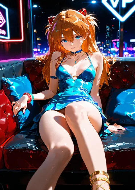 1girl, solo, souryuu asuka langley, neon genesis evangelion, short dress, sitting on the couch, nightclub, vip lounge, short dress, bracelets, leg jewelry, seductive, sexy pose, alluring atmosphere, cinematic lighting, BREAK, masterpiece, superb quality,wa...