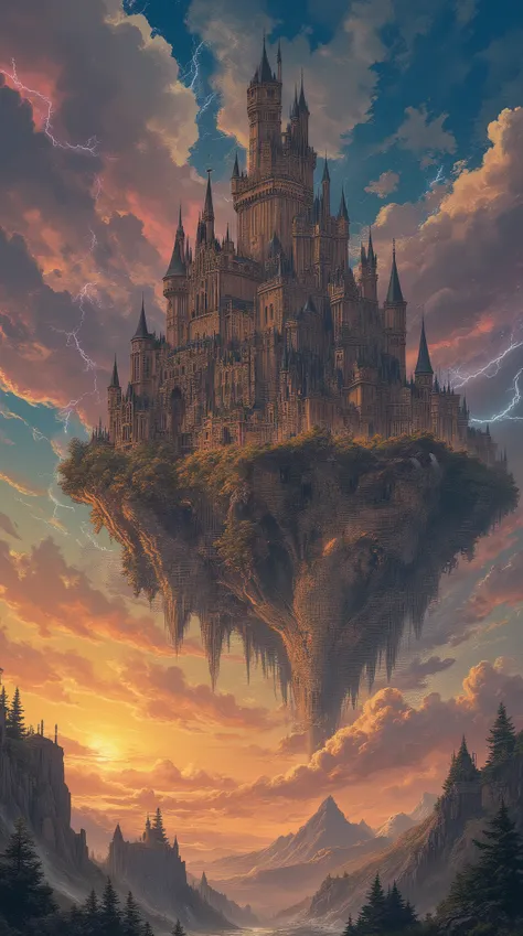 masterpieces, top quality, Holy light , Gothic style illustration, ( levitation , floating castle:1.2), Majestic, Blue Sky, Sunset, pink clouds , Waterfall , Water stream , lightning, smoke, rolling around rich contrast, soft light, Detailed Description.