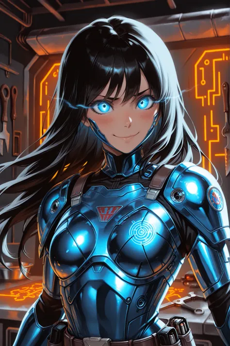 Masterpiece, 1girl, highly detailed, character, Star Wars, beautiful Asian woman, gew, glowing eyes (cyan eyes), glowing circuit tattoos, athletic body, long straight black hair, shy smile, mad-bdyarmr, chrome and blue armor and clothing, tool belt, upper ...