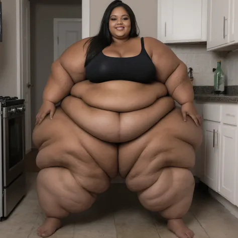 A highly detailed photorealistic photo of the most extremely fat, astronomically oversized black woman imaginable. She is standing in her kitchen in a full body shot. She is an ultra-morbidly obese, hyper giga mega SSBBW weighing over 2000 pounds, with end...