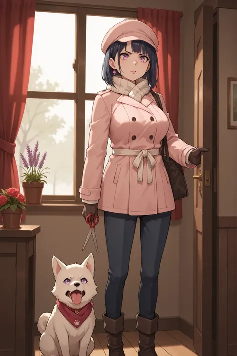 Hinata Hyuuga, medium hair, dark blue hair, square, Large breasts, skinny body, earrings, pink lips , lavender eyes, | masterpiece,best quality,highres, 2childhood memory hildhood memory,1girl, angry, 1femboy, scarf, plant, potted plant, bag, flower, dog,...