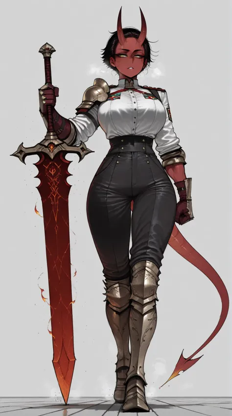 Masterpiece, best quality, perfect, ((ratatatat74)), ((1girl)), ((solo)), ((tall)), adult, very short hair, black hair, yellow eyes, red skin, curved horns, black pants, toned waist, flame greatsword, uniform, one slander tail, armored gloves, armored boot...