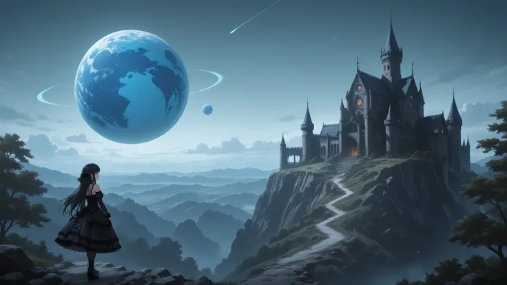 Gothic castle in the sky of an alien planet