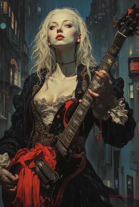 anatomically accurate,(( Bartolomé Murillo)) ((Cyberpunk's)), unique , Rainy city night , blonde long, ((Bartolome Esteban Murillo Style)), darkness,SF, ((Highest Quality, masterpiece)), (More Rights , 高details), 8,000,Canvas Oil Painting Her White Skin、...