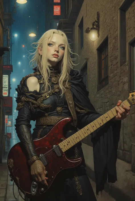 anatomically accurate,(( Bartolomé Murillo)) ((Cyberpunk's)), unique , Rainy city night , blonde long, ((Bartolome Esteban Murillo Style)), darkness,SF, ((Highest Quality, masterpiece)), (More Rights , 高details), 8,000,Canvas Oil Painting Her White Skin、...