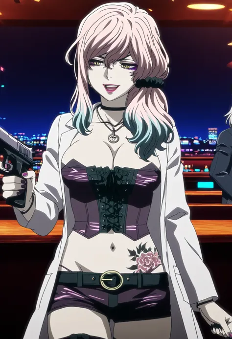 Akudama Drive（doctor）slender、doctor, long hair, bangs, hair between eyes, yellow eyes, pink hair, , makeup, lipstick, multicolored hair, gradient hair, scrunchie, blue hair,,  erotic vibe, Cinematic Lighting、 nail polish, ear piercing, long hair, , lipstic...