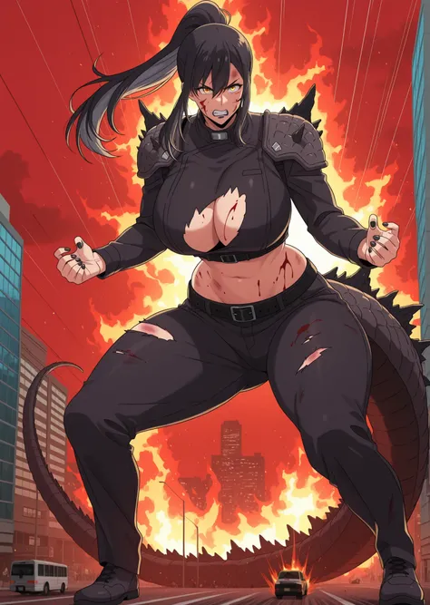 anime screencap, masterpiece, best quality, jin-ah, 1girl, Mature Female, yellow eyes, long hair, two-tone hair, tail, large tail, long tail, very long tail, yellow eyes, black hair, ponytail, sidelocks, attractive face, detailed face , ractical body shape...