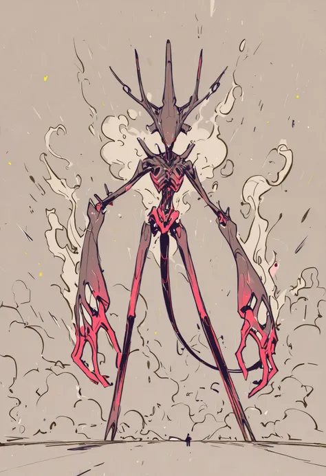 Game monster, sketch, concept art, nano machine, bright color, steam, black and bluue, nanotech, Formless , dimorphism, on plain white canvas, rough, thin lines, 2d, concepts art, standing, large, wide front arms, and thin legs , tail, Masterpiece, incre...