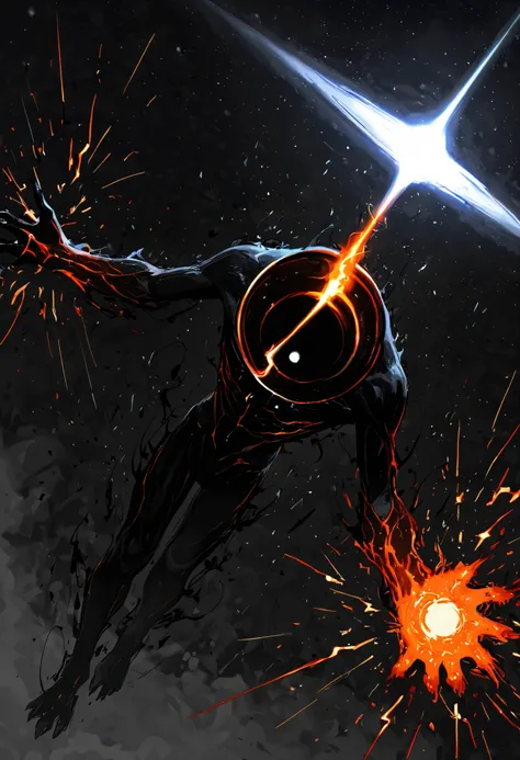 Game monster, sketch, concept art, All black human silhouette with a stellar black hole on the torso, bright color, black skin, orange and red énergie, his body radiate small sparks of lightning, white eyes, round eyes , glowing eyes, on plain white canvas...