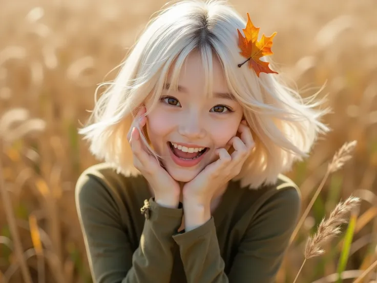 8K resolution headshot-style scene from shoulders up of a 16-17-year-old Japanese girl with a blonde bob haircut, brown almond eyes, and a bright, playful, mischievous smile, featuring realistic anatomy, natural body proportions, and symmetrical features, ...