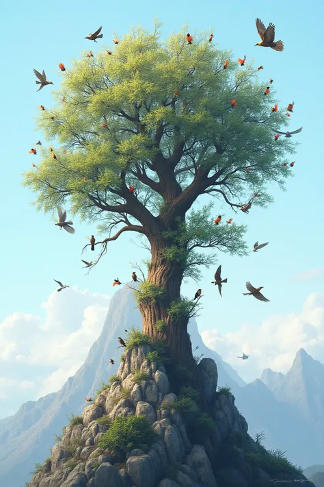 Towering tree bursting with life atop a cloud-piercing mountain, branches alive with colorful birds of varying sizes - from tiny hummingbirds to broad-winged eagles - nesting and soaring through crisp alpine air.