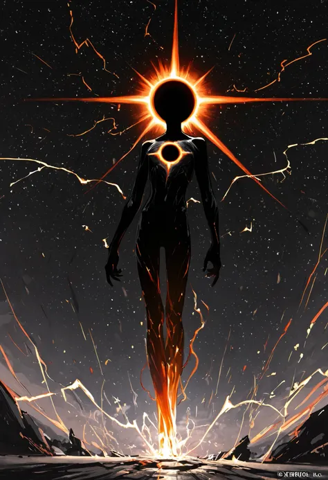 Game monster, sketch, concept art, All black human silhouette with a stellar black hole on the torso, body made of galaxy, bright color, black skin, orange and red energy, his body radiate small sparks of electricity, on plain white canvas, rough, thin lin...