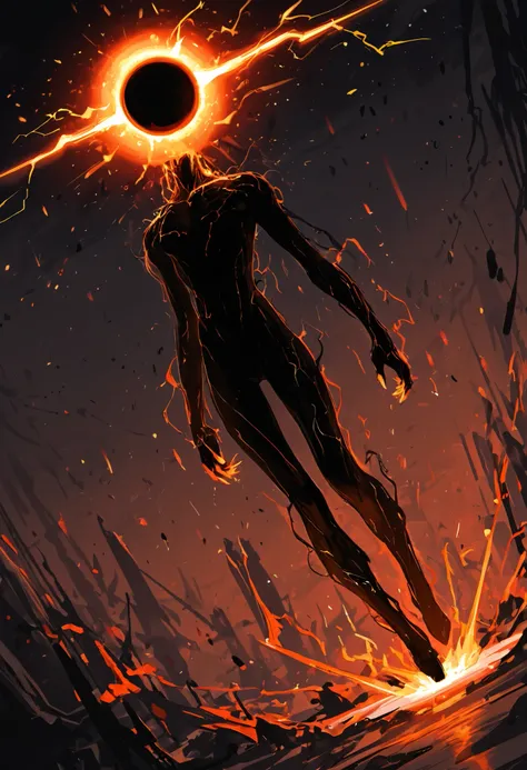 Game monster, sketch, concept art, All black human silhouette with a stellar black hole on the torso, bright color, black skin, orange and red énergie, his body radiate small sparks of lightning, white eyes, round eyes , glowing eyes, on plain white canvas...