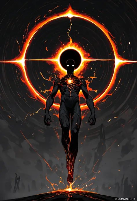 Game monster, sketch, concept art, All black human silhouette with a stellar black hole at the center of his chest, bright color, black skin, orange and red energy, white eyes, round eyes , glowing eyes, on plain white canvas, rough, thin lines, 2d, conce...