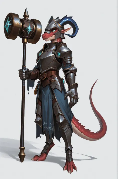 WarlockMaster, winged helmet, helm, pauldrons, shoulder armor, armor, full armor, cape, gauntlets, brown belt,pointed ears, long draconic snout, lean physique, kobold, blue scales, great gray horns, highly detailed, best quality, holding great iron hammer